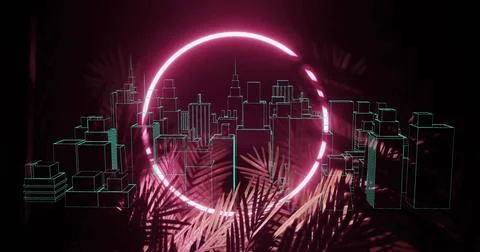 Glowing magenta neon ring projecting teal wireframe skyscrapers in virtual Stock Illustration