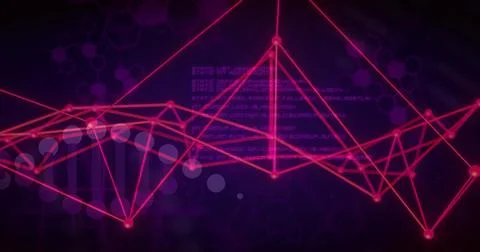 Glowing magenta network graph forming triangular mesh and waveform peaks in data Stockillustratie