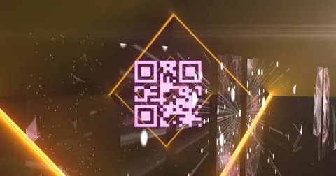 Glowing magenta QR code pulsing in VR, with gold neon diamond frame, shards, Stock Photos