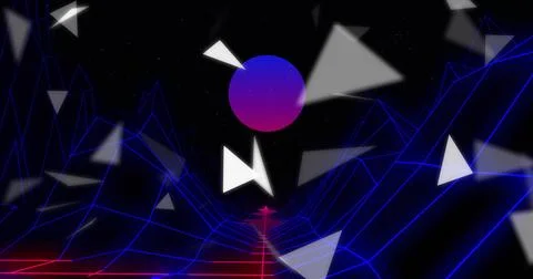 Glowing magenta sphere hovering in cyber valley, red grid road, neon ridges, Stock Illustration