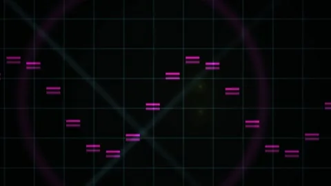 Glowing Magenta Waveform Bars on Dark Grid with Neon Circle and Laser Flare.. Stock Footage 344720851