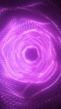 Glowing magenta wireframe vortex with polygon mesh rings, forming a futuris.. Stock Illustration