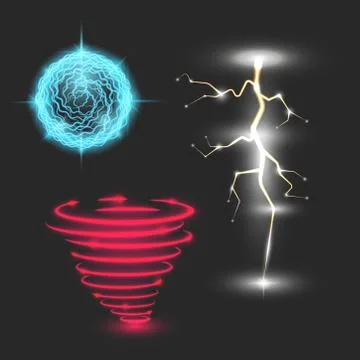 Glowing magic lightning set, energy ball, neon fantasy tornado, realistic vec Stock Illustration