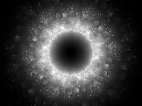 Glowing magical stargate in space with hexagonal patterns black and white Stock Illustration