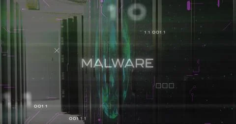 Glowing MALWARE text hovering over teal skull glyph in server room, showing b 스톡 사진