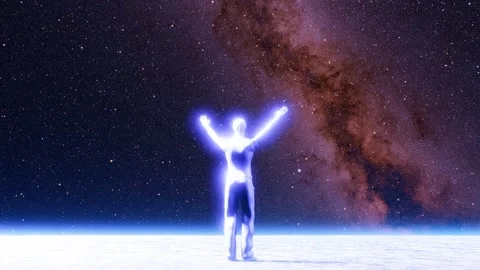 Glowing man in front of the starry milky way galaxy sky with open arms Stock Footage 284542365