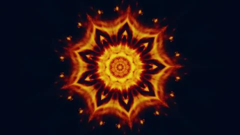 Glowing mandala fire flower orange ornament black Stock Illustration