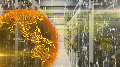 Glowing map fading over static server racks and morphing into rotating globe Stock Footage 315803797