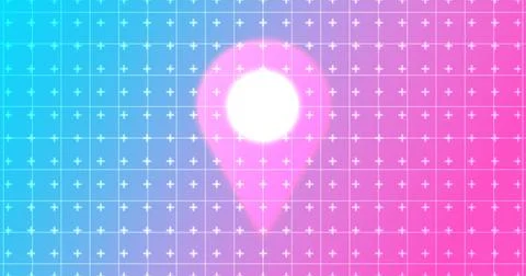 Glowing map location pin hovering over a futuristic neon grid background.Gl.. Ilustração Stock