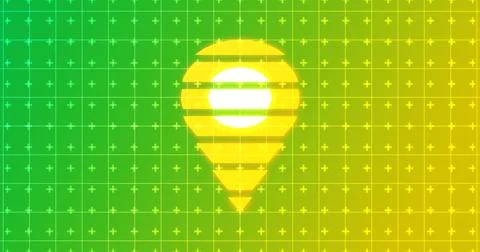 Glowing map location pin hovering over a futuristic neon grid background.Gl.. Stock Illustration