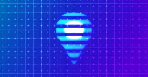 Glowing map location pin hovering over a futuristic neon grid background.Gl.. Ilustração Stock