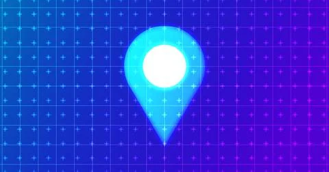 Glowing map location pin hovering over a futuristic neon grid background.Gl.. Ilustração Stock