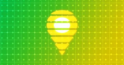 Glowing map location pin hovering over a futuristic neon grid background.Gl.. Ilustração Stock