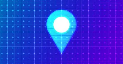 Glowing map location pin hovering over a futuristic neon grid background.Gl.. 스톡 일러스트