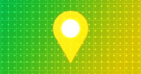 Glowing map location pin hovering over a futuristic neon grid background.Gl.. Ilustração Stock
