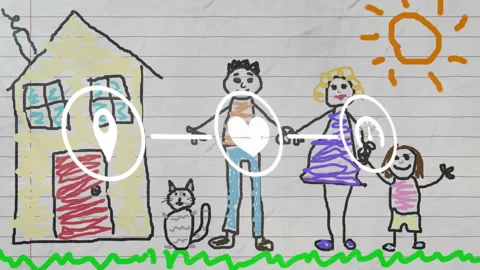 Glowing map pin appearing arrow pointing to heart as family home forming showing Stock Footage 315534112