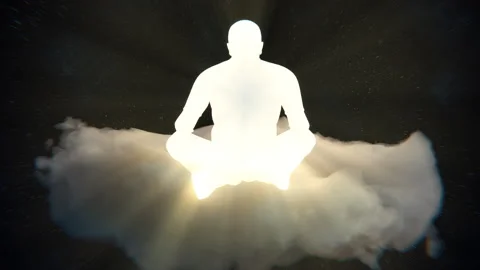 Glowing meditating figure on cloud under starry night sky — 4K spiritual loop Stock Footage 319652748