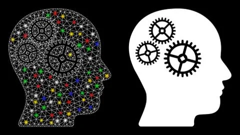 Glowing Mesh 2D Brain Gears Icon with Light Spots Stock Illustration
