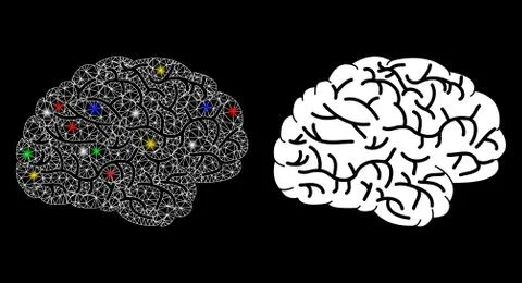 Glowing Mesh 2D Brain Icon with Flash Spots Stock Illustration