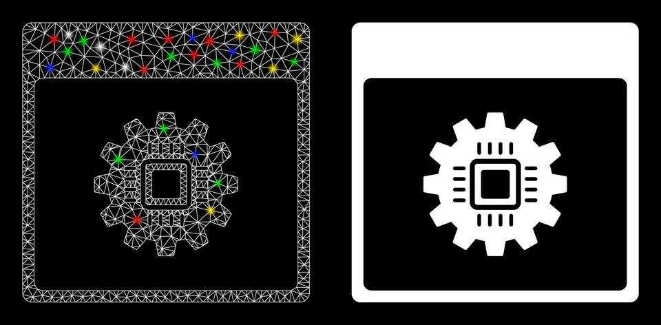 Glowing Mesh 2D Chip Gear Calendar Page Icon with Flash Spots Stock Illustration