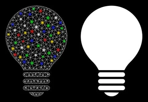 Glowing Mesh 2D Electric Bulb Icon with Light Spots Illustrazione stock