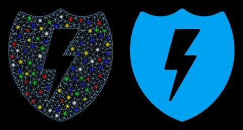Glowing Mesh 2D Electric Shield Icon with Flare Spots Stock Illustration
