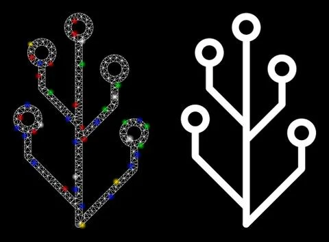 Glowing Mesh 2D Hi-Tech Tree Icon with Flare Spots Stock Illustration