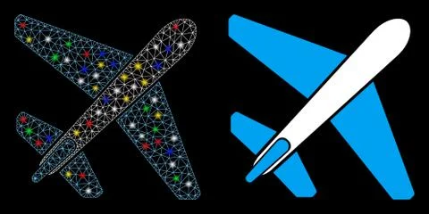 Glowing Mesh 2D Jet Airplane Icon with Flash Spots Stock Illustration