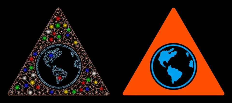 Glowing Mesh 2D Terra Triangle Icon with Flash Spots Stock Illustration