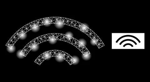 Glowing Mesh Broadcasting Waves Icon with Constellation Lightspots Stock Illustration