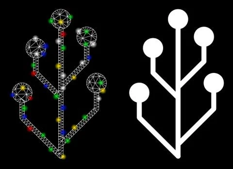 Glowing Mesh Carcass Circuit Tree Icon with Flare Spots Stock Illustration