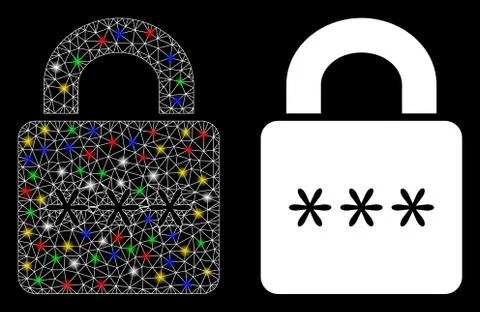 Glowing Mesh Carcass Digital Lock Icon with Flare Spots Stock-Illustration