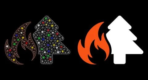 Glowing Mesh Carcass Forest Fire Icon with Flash Spots 스톡 일러스트
