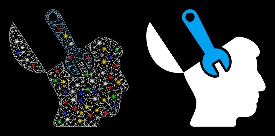 Glowing Mesh Carcass Mind Wrench Surgery Icon with Flash Spots Stock Illustration