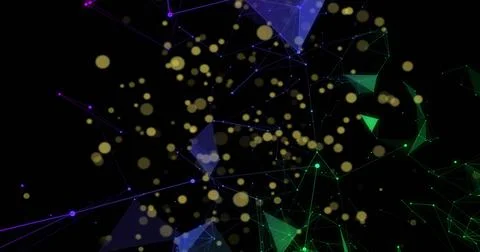 Glowing mesh forming triangular polygons against black backdrop, with nodes, Illustrazione stock