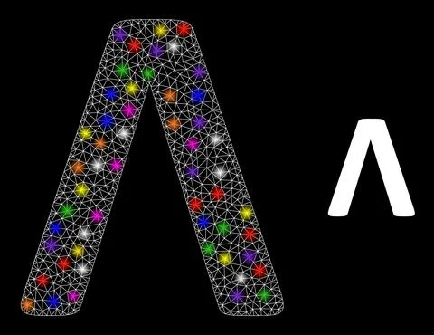 Glowing Mesh Lambda Greek Letter Icon with Glare Colored Light Spots 스톡 일러스트