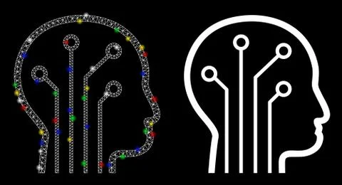 Glowing Mesh Network Artificial Intelligence Icon with Flash Spots Illustrazione stock