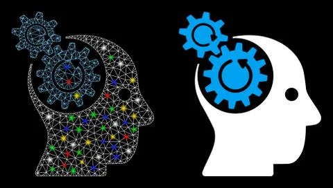 Glowing Mesh Network Brain Gears Rotation Icon with Light Spots Stock Illustration