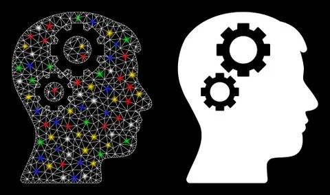 Glowing Mesh Network Brain Gears Icon with Light Spots Stock Illustration