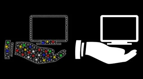 Glowing Mesh Network Computer Offer Hand Icon with Flash Spots Stock Illustration