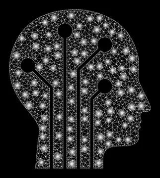 Glowing Mesh Network Cyborg Head Circuit with Flare Spots イラスト素材