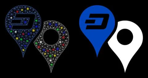 Glowing Mesh Network Dashcoin Map Pointers Icon with Flash Spots Illustrazione stock