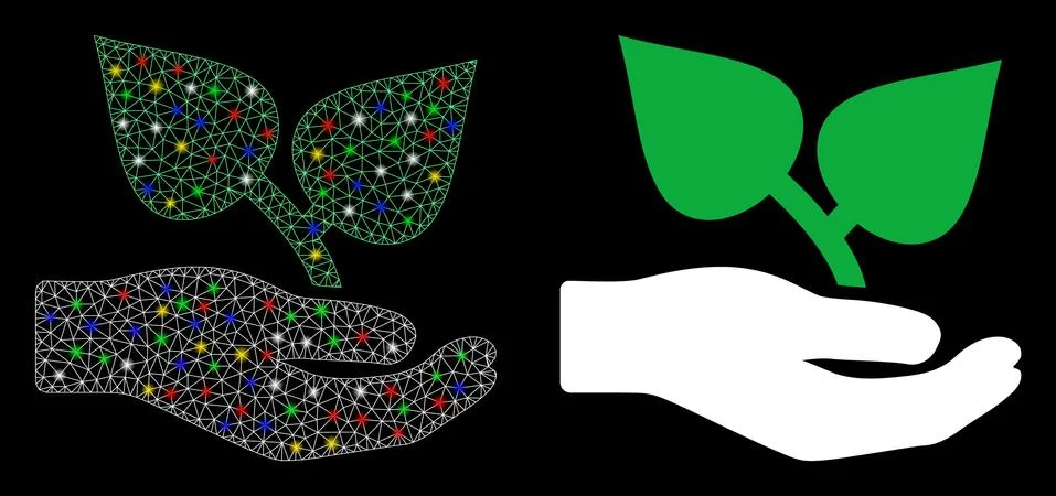 Glowing Mesh Network Flora Care Hand Icon with Flash Spots Stockillustratie