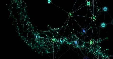 Glowing mesh network forming in dark void, with sale badge, price tag, gift, Stockillustratie