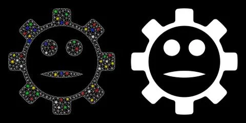 Glowing Mesh Network Gear Face Neutral Smiley Icon with Flash Spots Stock Illustration