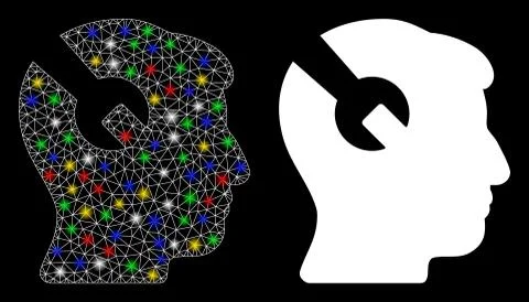 Glowing Mesh Network Head Surgery Wrench Icon with Flare Spots Stock Illustration