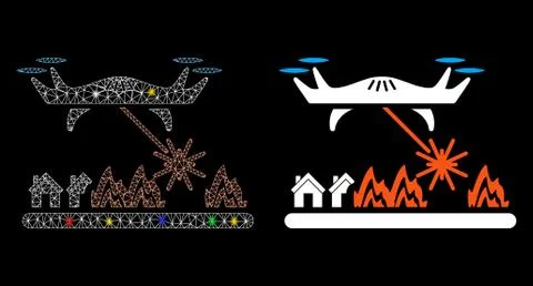 Glowing Mesh Network Laser Drone Attacks Village Icon with Flash Spots Stock Illustration