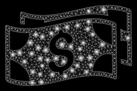 Glowing Mesh Network Waving Dollar Banknotes with Flare Spots Stock Illustration
