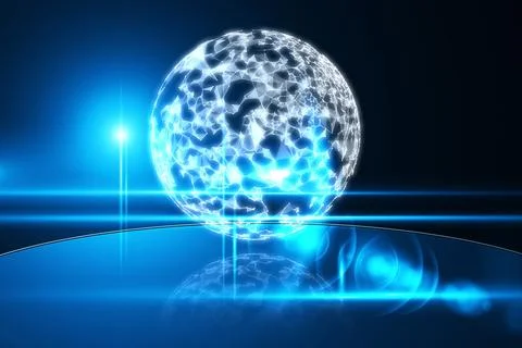 Glowing mesh sphere is floating above mirror surface in 3D render featuring lens Stockillustratie