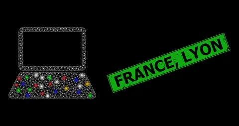Glowing mesh web notebook computer with colored glowing spots, and grunge Fra Stock Illustration